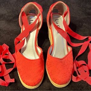 Vtg Y2K Liz Cole Red Espadrille Wedge Ballerina Ankle Tie Sandals